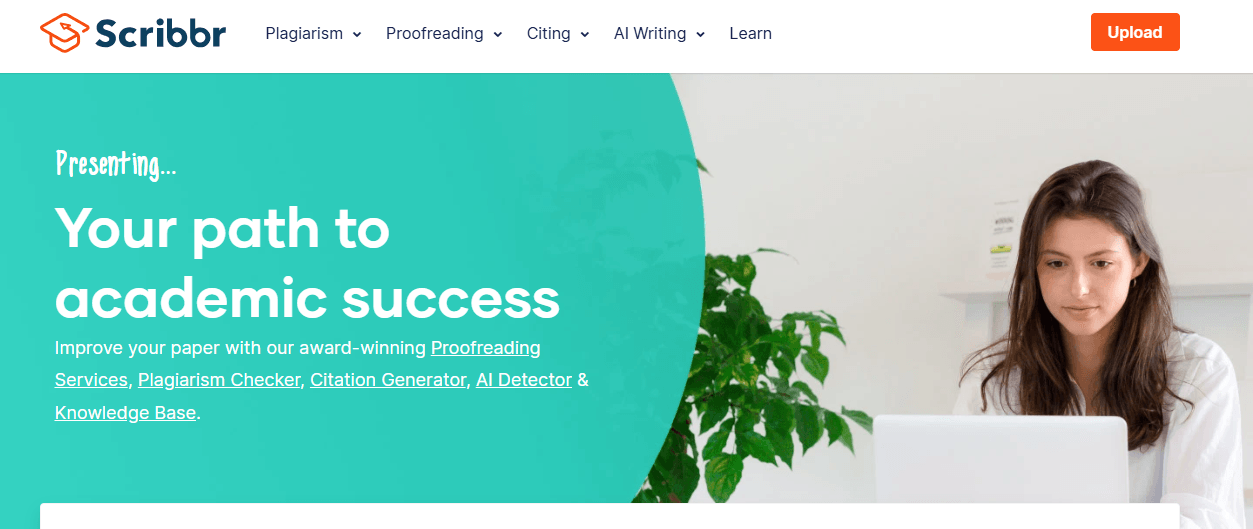Scribbr homepage showing plagiarism checker, proofreading, citation generator and AI writing tools for academic success