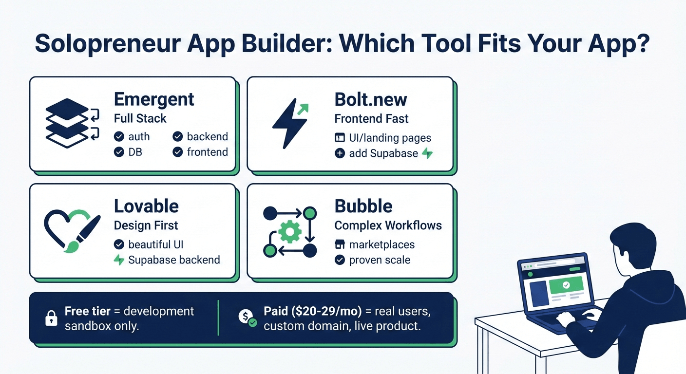 Solopreneur app builder comparison 2026 - Emergent vs Bolt.new vs Lovable vs Bubble
