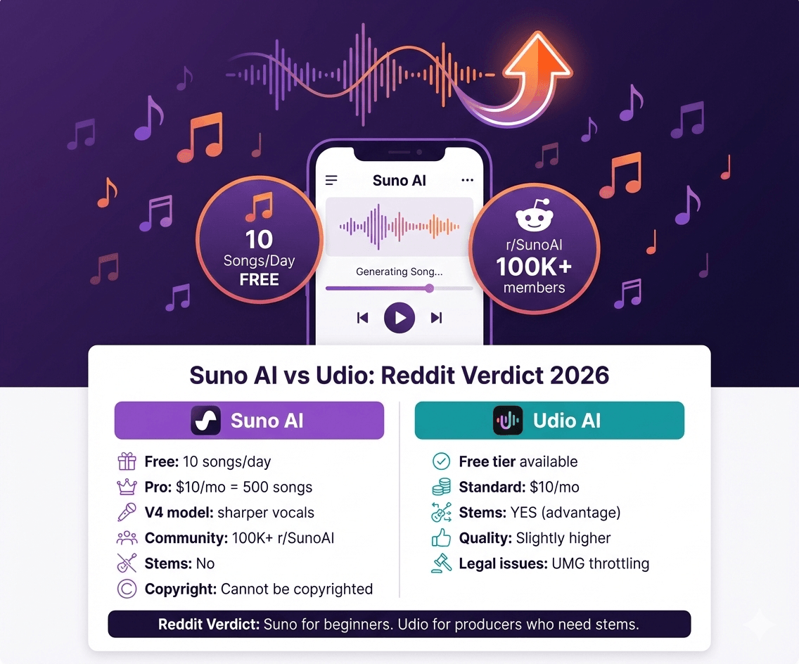 Suno AI vs Udio comparison infographic showing Reddit verdict 2026 - free tier, pricing, stems, and community size