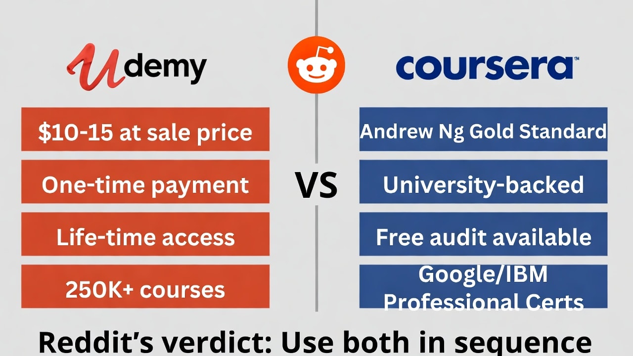 Udemy vs Coursera for AI courses compared - Reddit recommendations 2026
