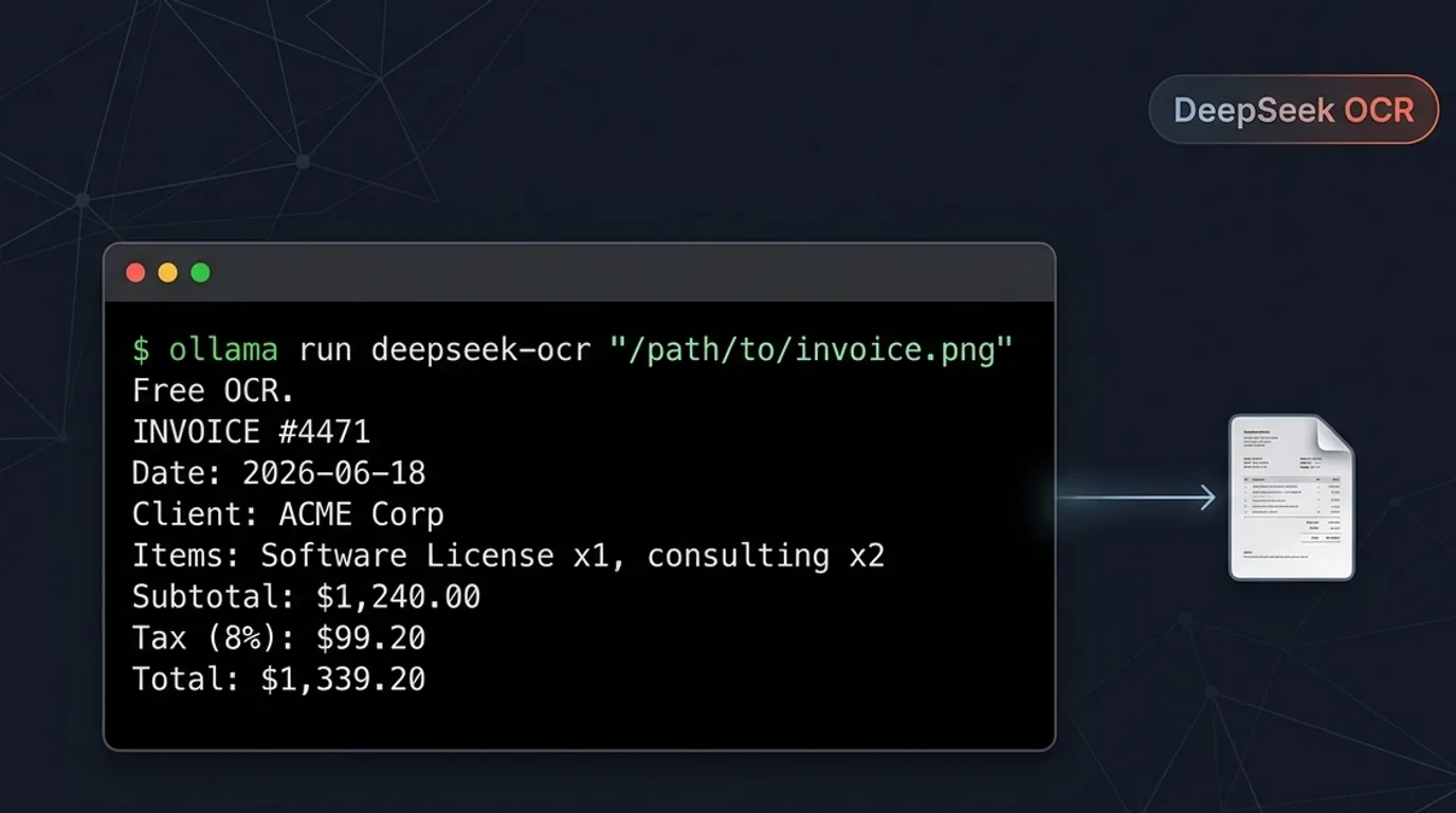 Terminal running ollama run deepseek-ocr on an invoice image, with extracted text converted into a document icon