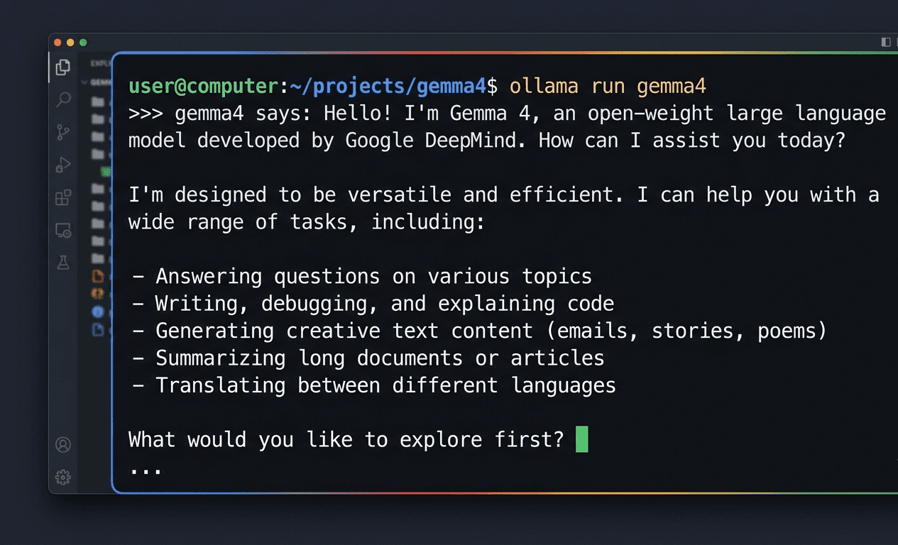 Terminal showing the ollama run gemma4 command and Gemma 4 model response on Ollama