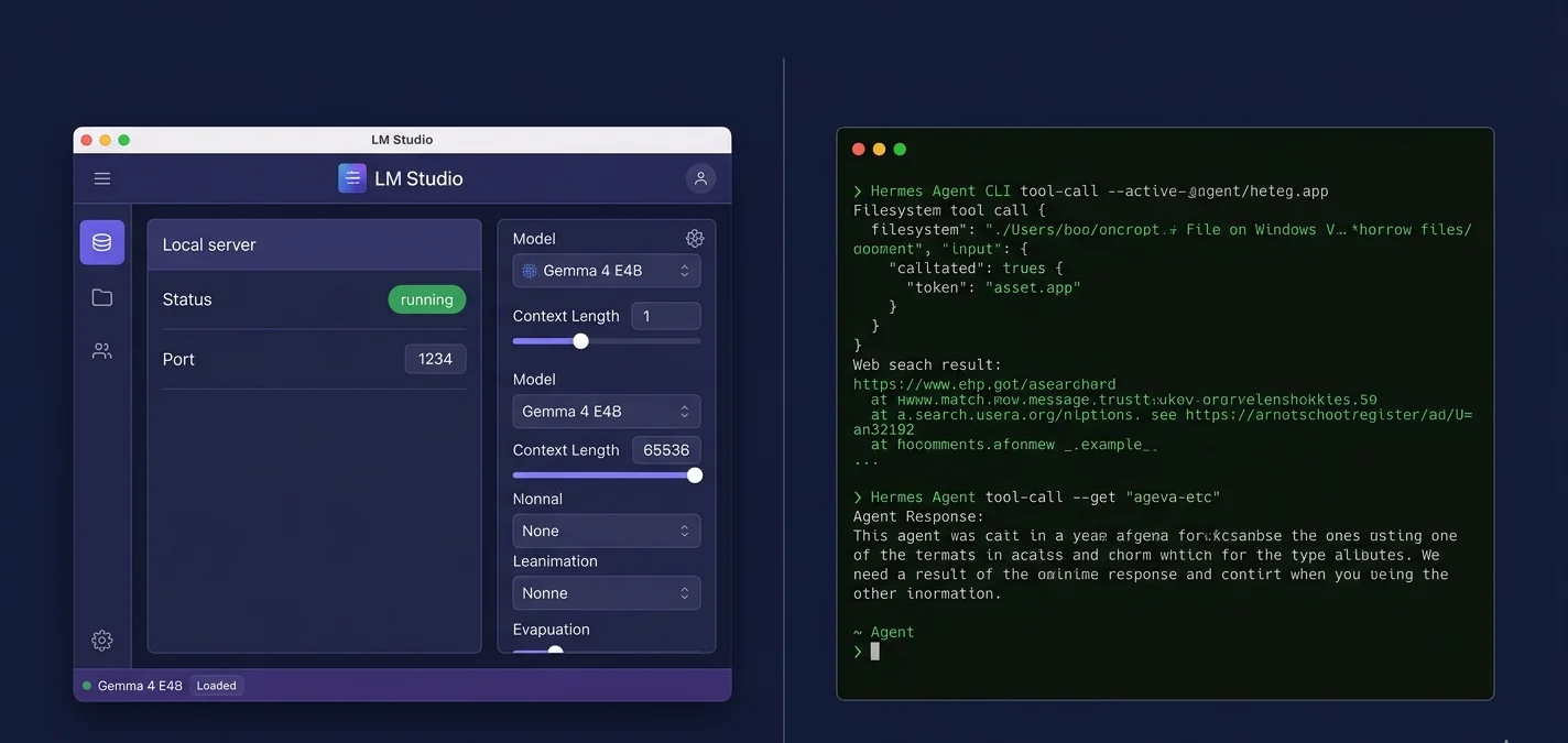 LM Studio running Gemma 4 E4B at 65536 context, with Hermes Agent CLI executing filesystem and web tool calls