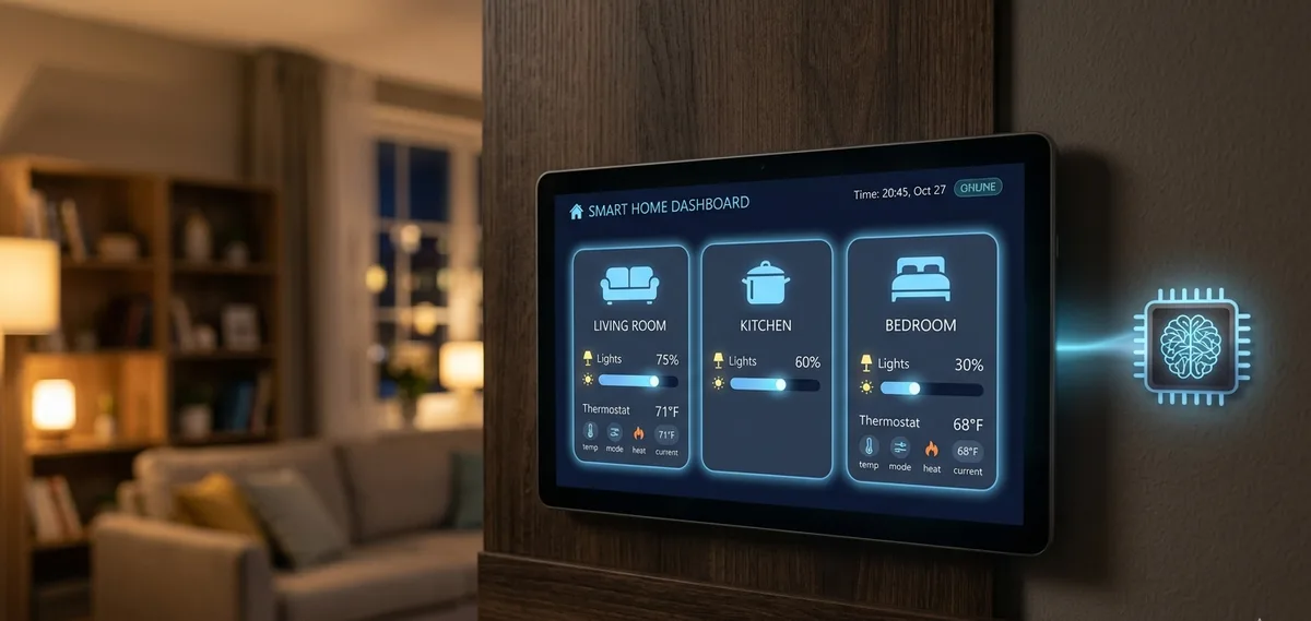 Home Assistant smart home dashboard wired to a local LLM chip via Ollama