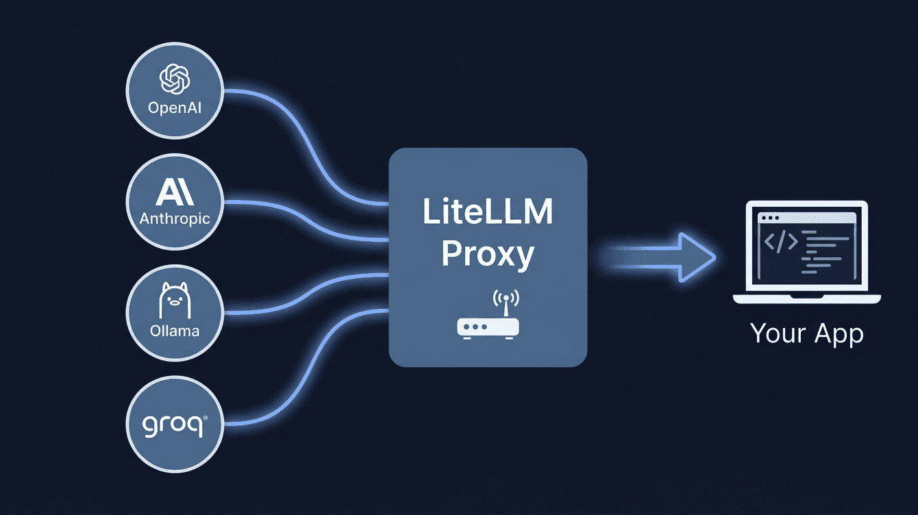 LiteLLM proxy setup diagram: OpenAI, Anthropic, Ollama, and Groq providers routing through a single LiteLLM proxy endpoint to your application