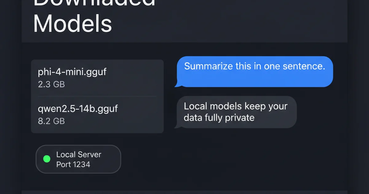 LM Studio desktop chat interface showing downloaded models and a running local server on port 1234