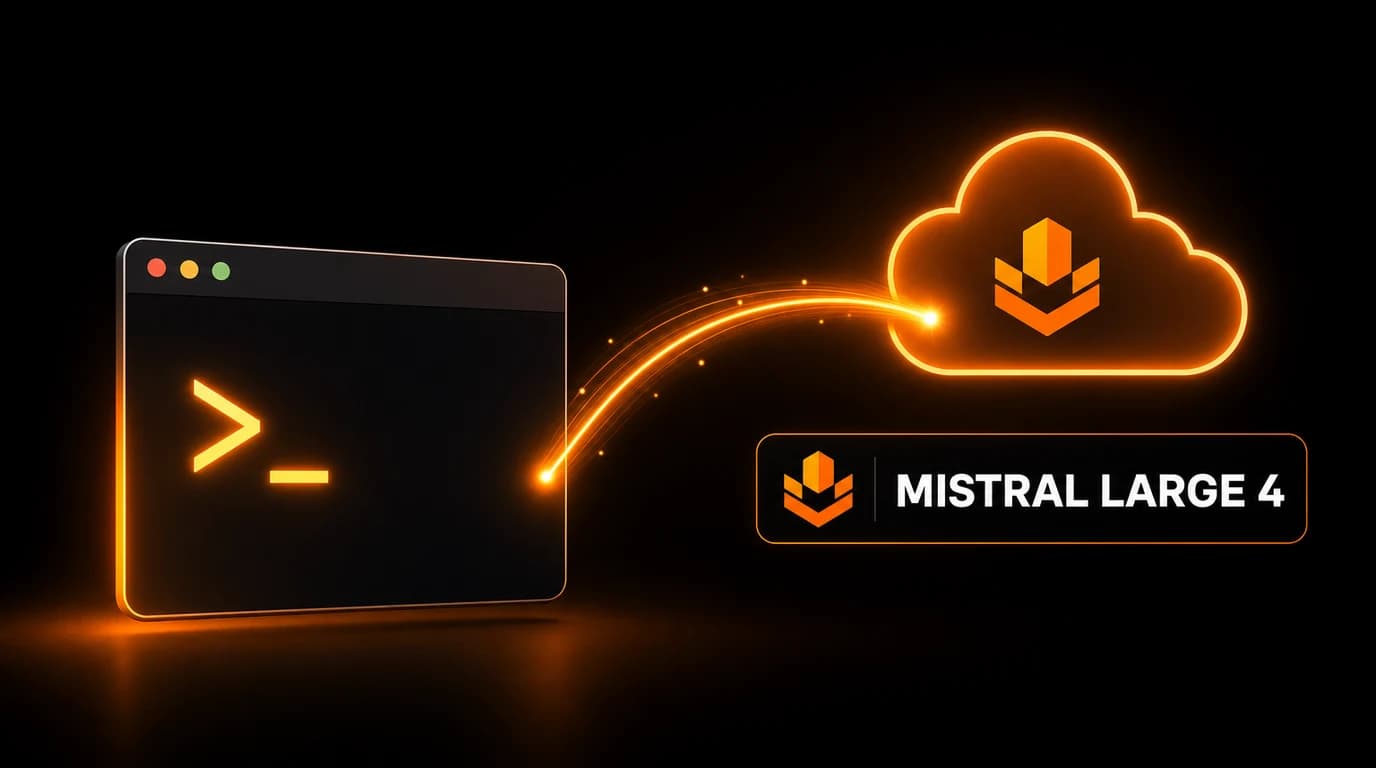 Terminal running ollama run mistral-large-4:cloud next to a Mistral AI badge and a cloud icon