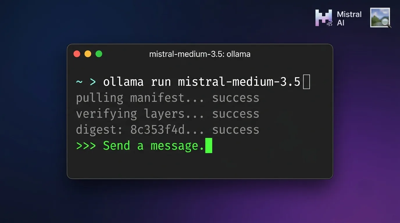 Terminal running ollama run mistral-medium-3.5 next to a Mistral AI badge and image-analysis icon