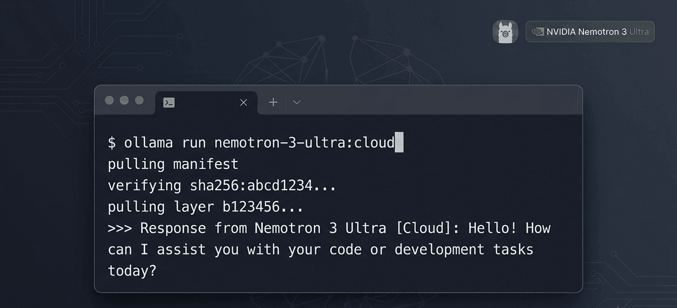 Terminal showing the ollama run nemotron-3-ultra:cloud command output for NVIDIA Nemotron 3 Ultra on Ollama