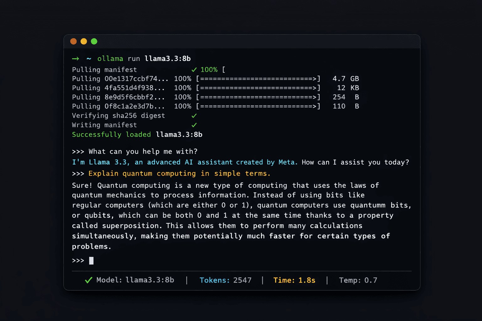 Ollama running in a terminal showing model inference output
