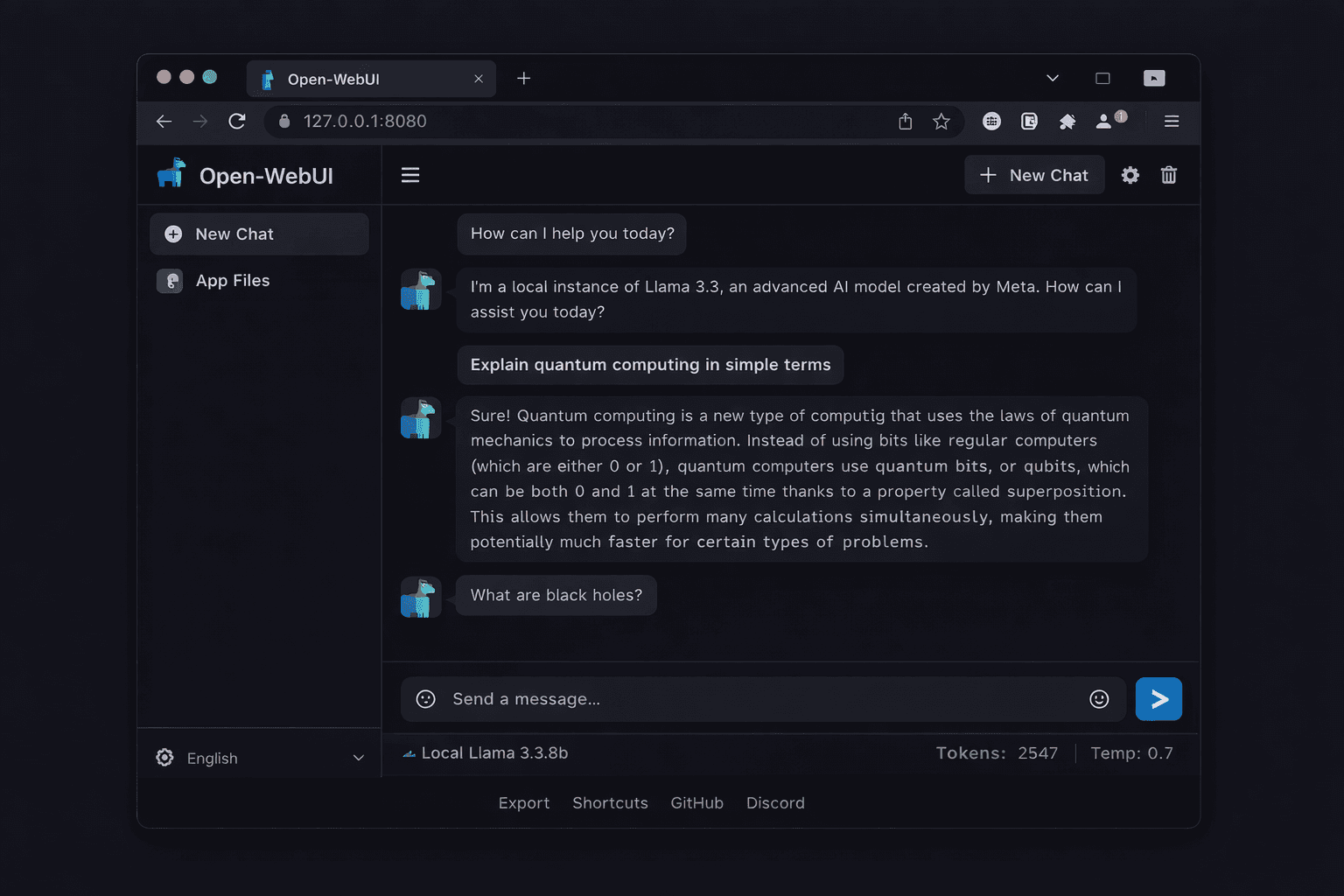 Open-WebUI chat interface with model selector showing Llama 3.3 selected