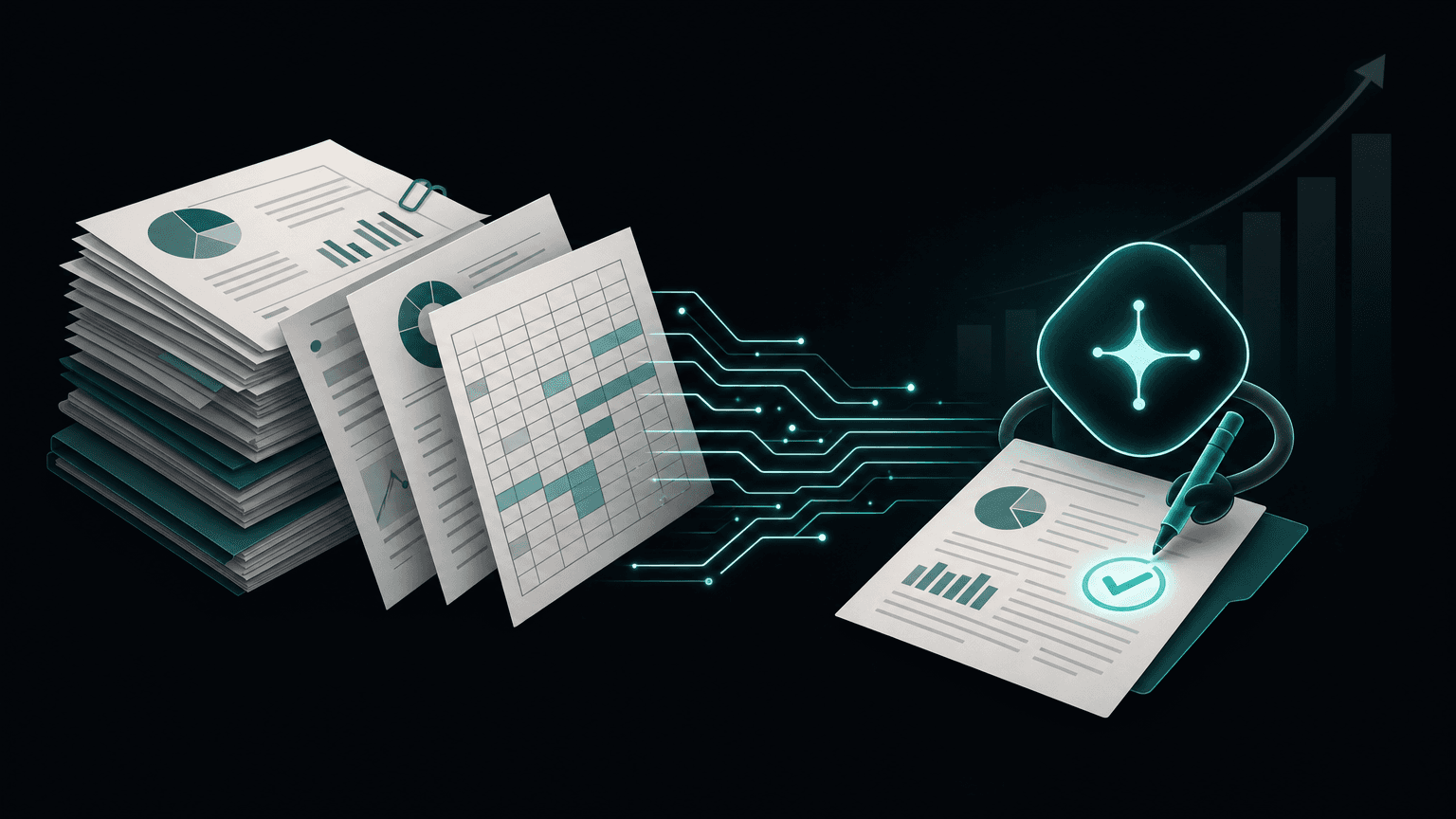 Editorial illustration of a stack of financial documents and spreadsheets connecting through glowing circuit lines to an AI agent icon annotating a report with a checkmark, representing AI agents for financial services workflows