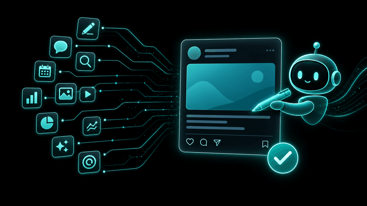 Editorial illustration of a small friendly AI assistant drafting a social media post card with a glowing pen, a ring of tool icons feeding into the card through circuit lines, and a checkmark badge showing the draft is waiting for human approval