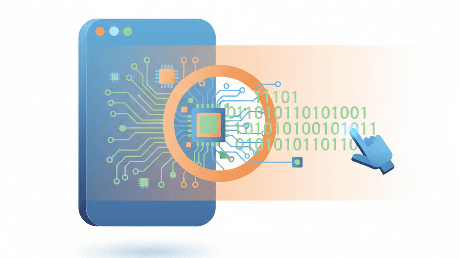 Editorial illustration of an app window with a magnifying-glass scanner beam passing through it, revealing binary code and circuit traces underneath, with a small cursor pointing at the exposed structure, representing reverse engineering an app down to its real code