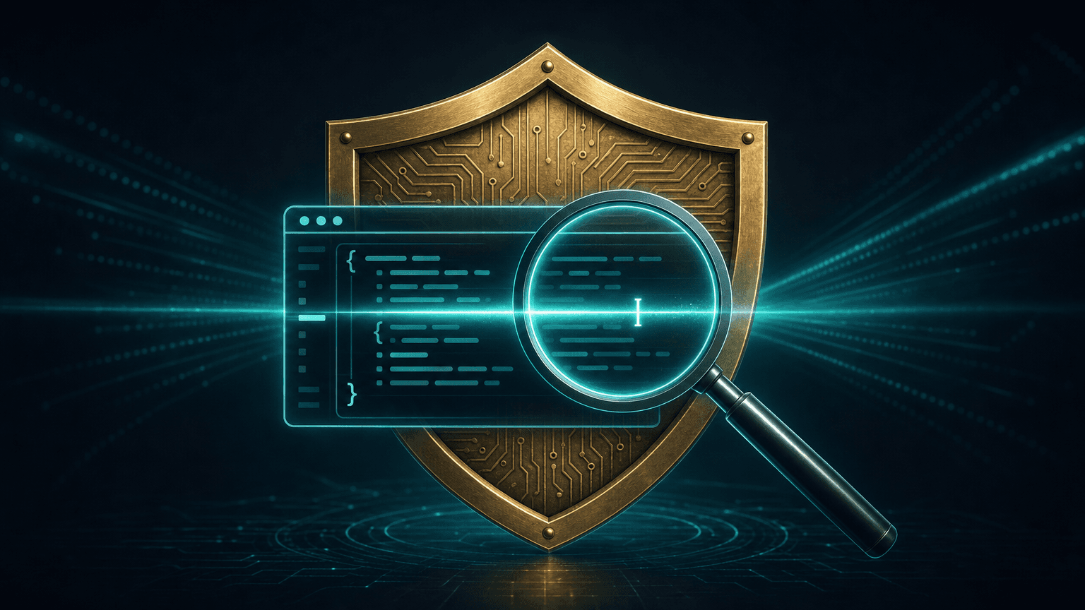 Editorial illustration of a shield and a scanning magnifying glass over a floating code window, representing AI skill security scanning