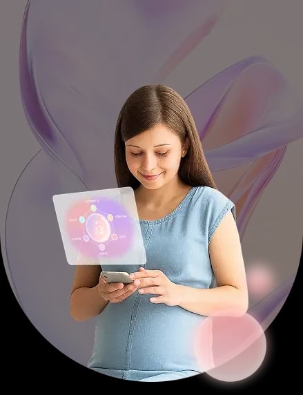Doola AI companion app showing a pregnant woman using the ingredient scanner and food-safety research features on a smartphone, with a soft pink and purple interface