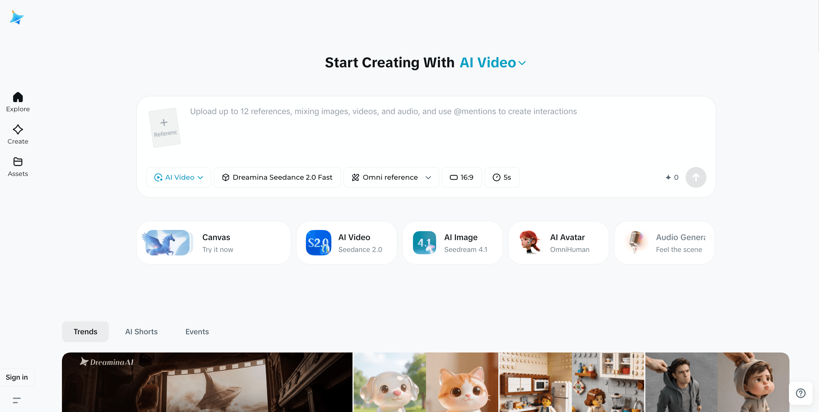 Dreamina AI platform workspace showing text-to-image and video generation interface