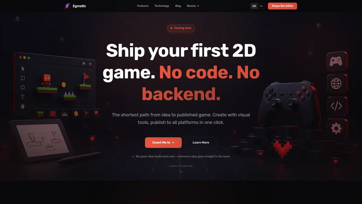 Egmatic homepage showing the headline 'Ship your first 2D game. No code. No backend.' beside an illustration of the 2D scene editor with platforms, a character, coins, and a flag