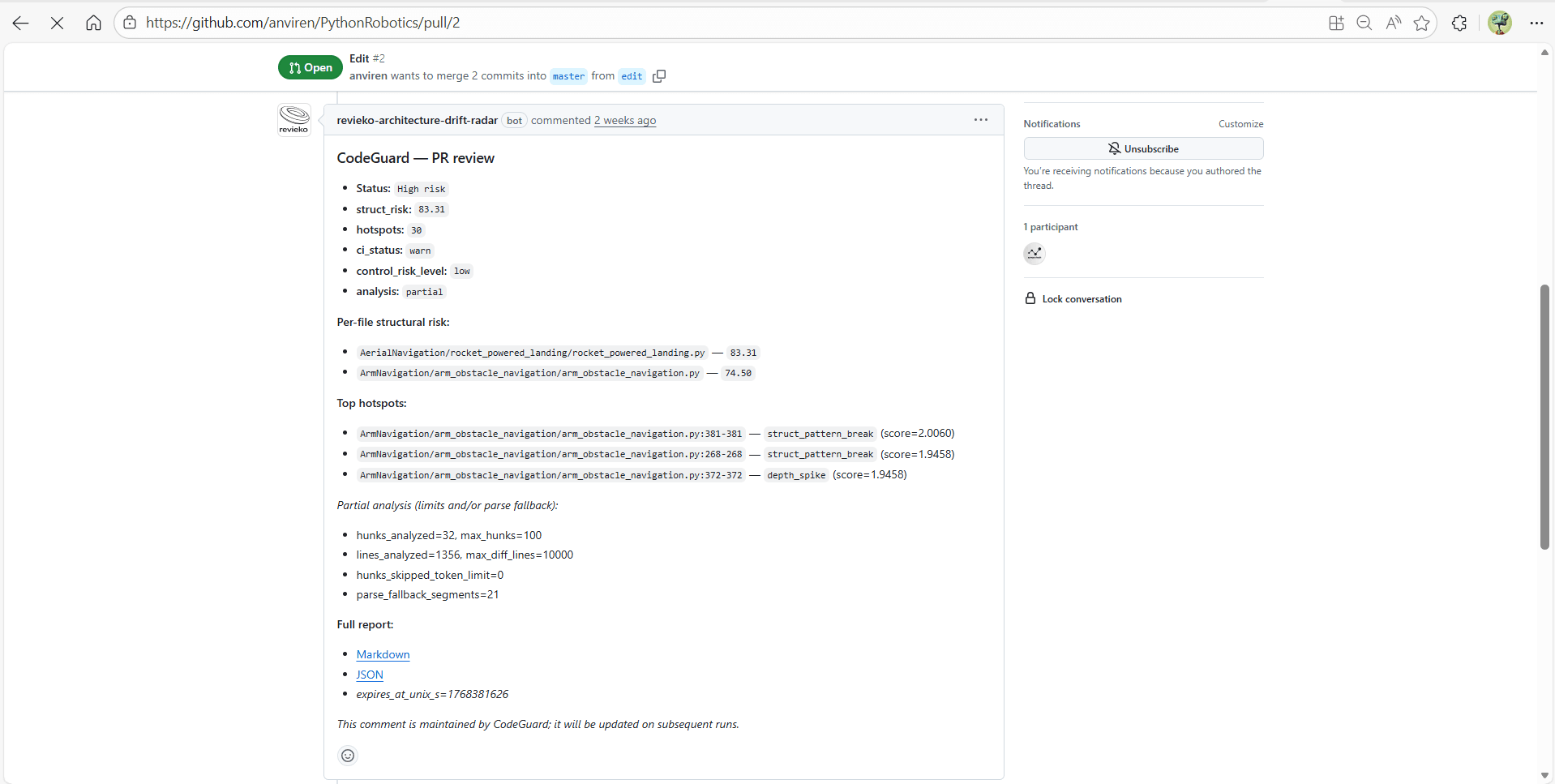 Revieko Architecture Drift Radar - PR Review showing drift risk score, hotspots, and structural analysis