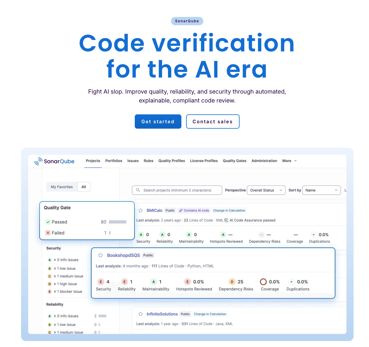SonarQube dashboard showing code quality gate status, security vulnerabilities, and pull request analysis with AI-generated code metrics